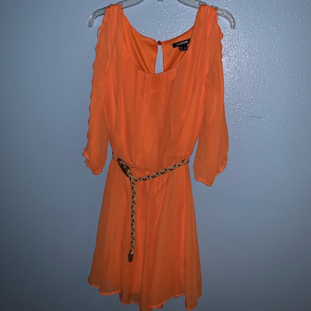 3/4-Sleeve Lattice Belted Dress